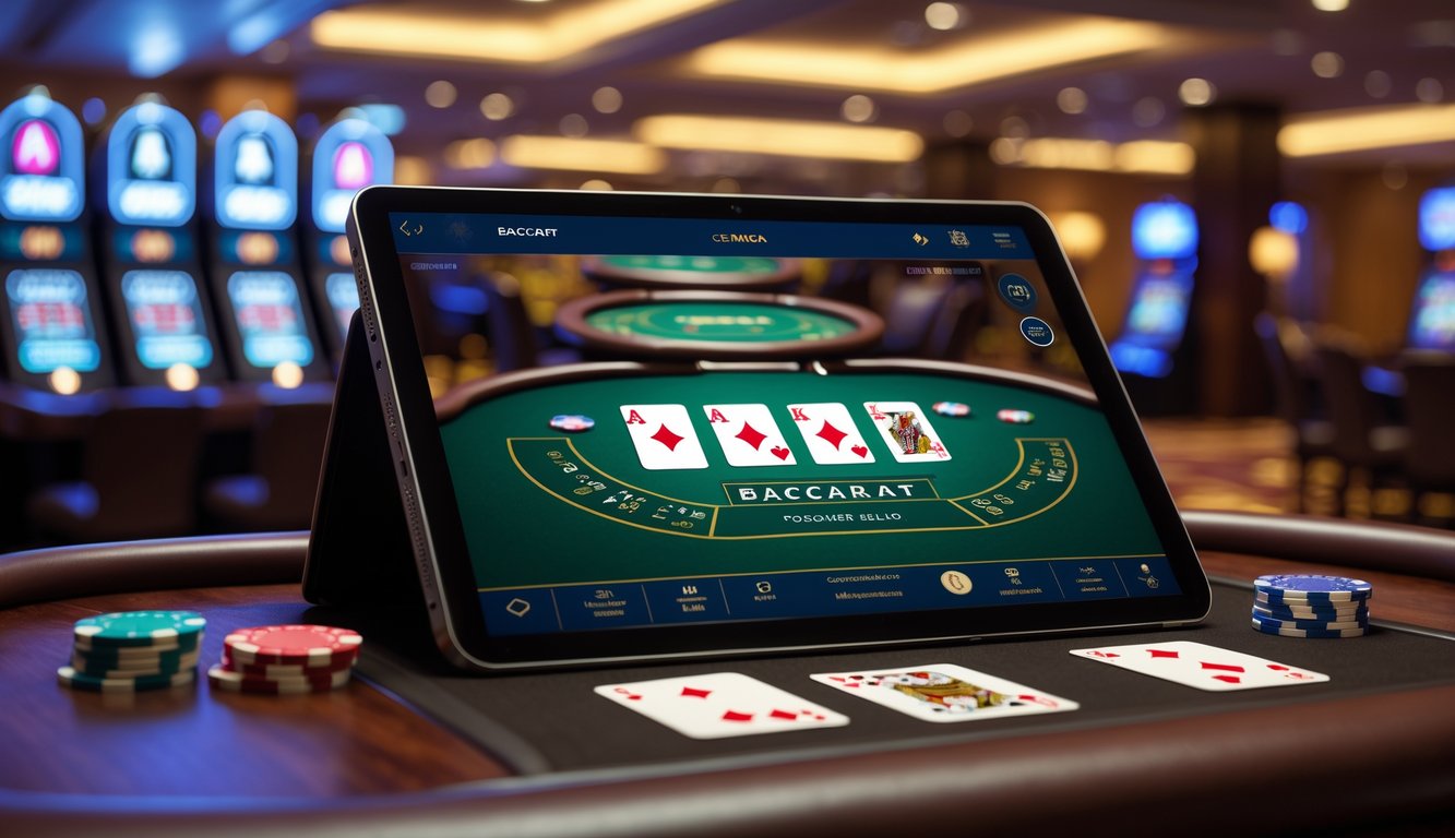 Sebuah meja baccarat online ditampilkan di layar komputer dengan suasana kasino yang mewah di latar belakang.