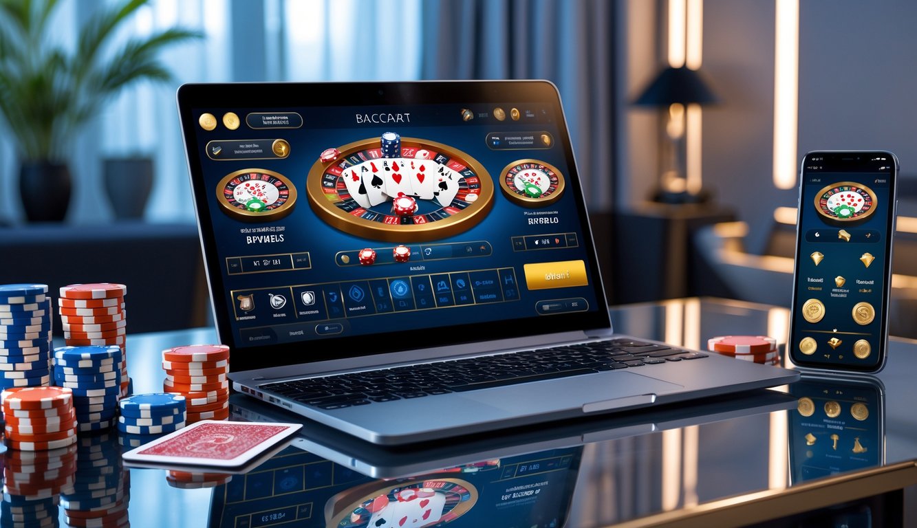 Sebuah laptop menampilkan permainan baccarat online dengan kartu dan chip poker di sekitarnya di ruang kerja modern.