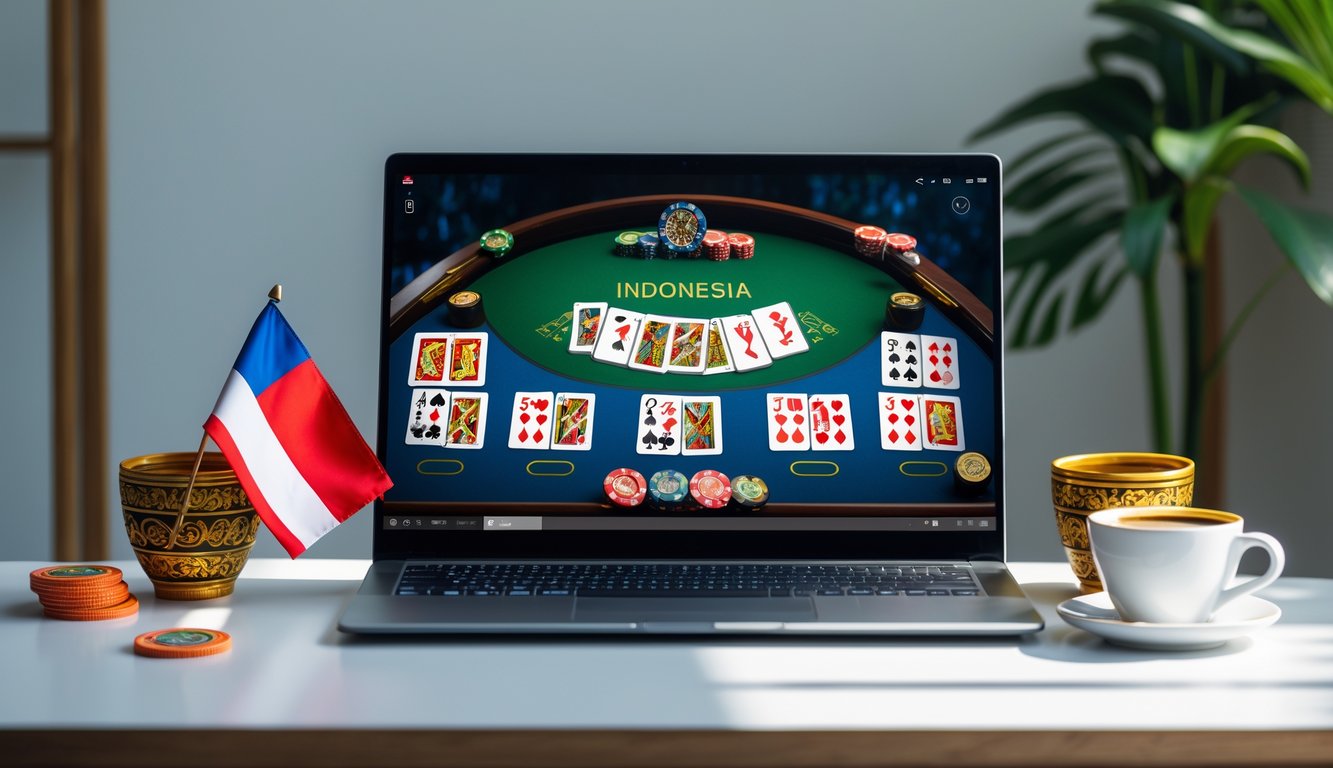 Sebuah laptop menampilkan permainan baccarat online dengan dekorasi batik dan bendera Indonesia di meja kerja.