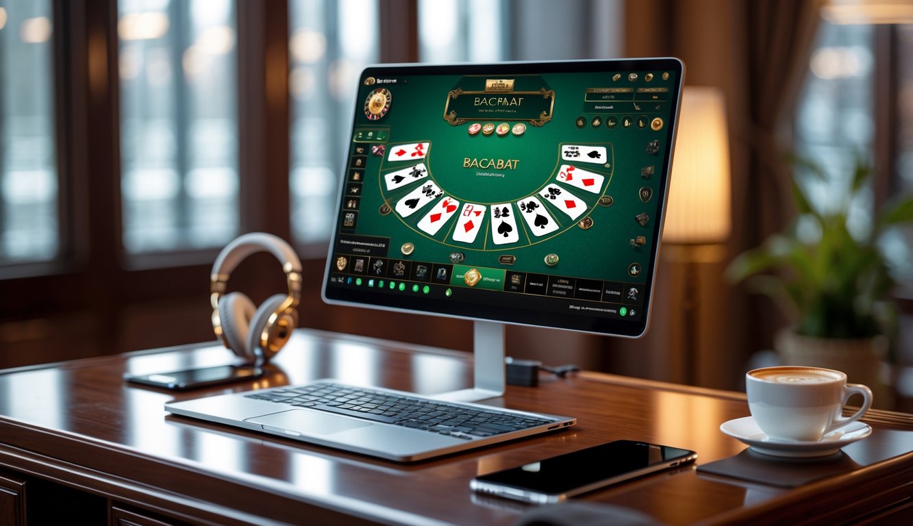 Sebuah meja kerja dengan komputer menampilkan permainan baccarat online dengan kartu dan chip, dikelilingi headphone, ponsel, dan cangkir kopi.