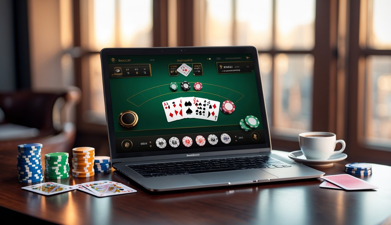 Seorang pemain sedang bermain baccarat online dengan laptop dan chip kasino di atas meja kayu.