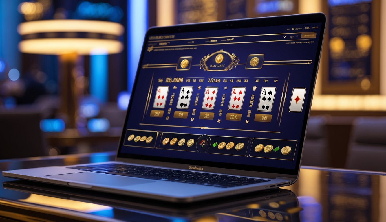 Sebuah laptop yang menampilkan permainan baccarat online dengan kartu dan chip di layar, di meja kerja modern dengan pencahayaan hangat.