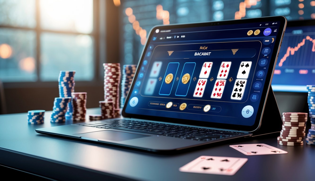 Sebuah meja dengan perangkat elektronik menampilkan permainan baccarat online dengan kartu dan chip di sekitarnya.