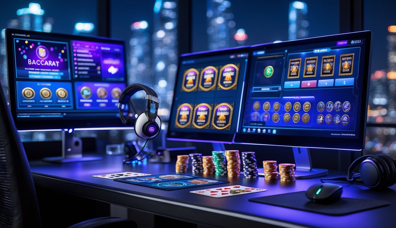 Meja komputer modern dengan monitor menampilkan permainan baccarat online dan perlengkapan permainan di ruangan dengan pencahayaan biru dan ungu.