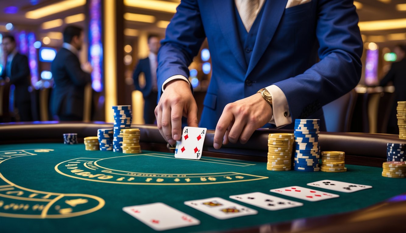 Suasana permainan baccarat dengan dealer dan pemain di meja kasino yang mewah dan penuh tumpukan chip uang asli.