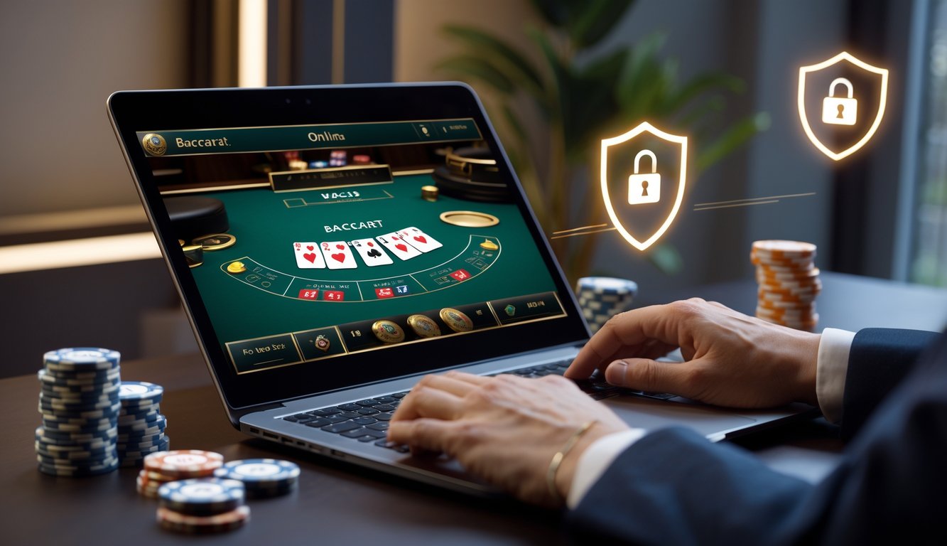 Seorang pemain sedang bermain baccarat online di laptop dengan tampilan meja baccarat digital di layar dalam suasana kasino yang terpercaya.