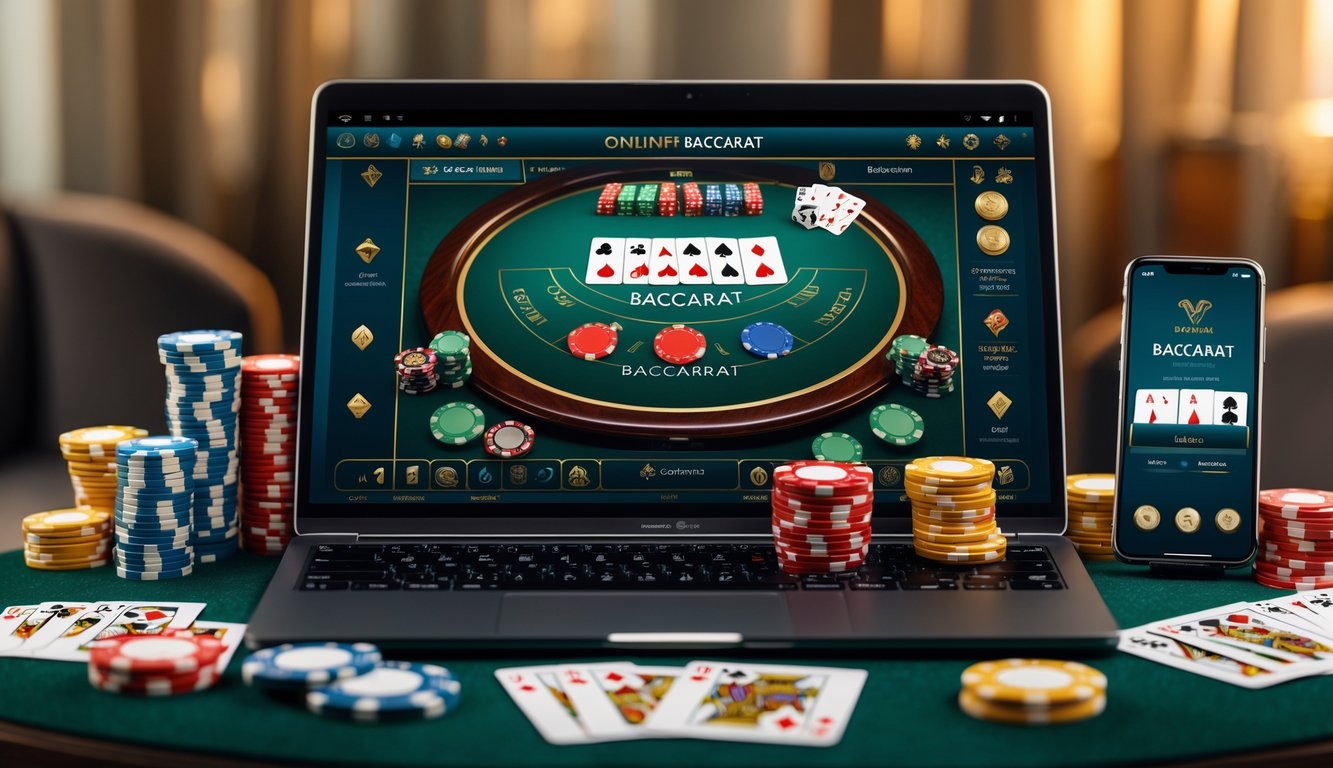 Seseorang sedang bermain baccarat online dengan laptop, kartu, dan chip kasino di meja.