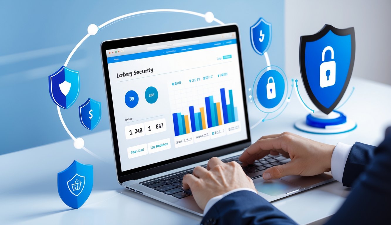 Orang menggunakan laptop di meja kerja dengan elemen keamanan digital yang menunjukkan situs togel online terpercaya.