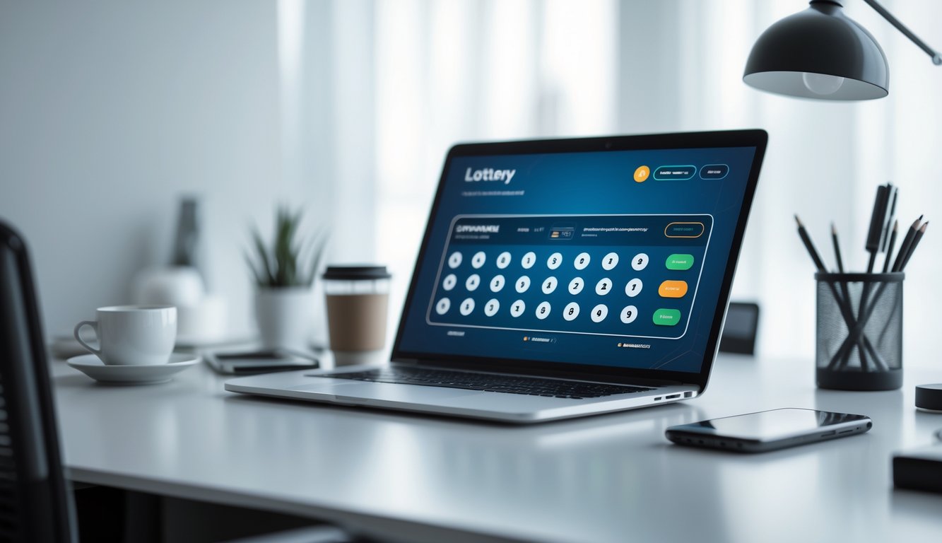 Sebuah ruang kerja modern dengan laptop yang menampilkan antarmuka angka lotere, ponsel, dan cangkir kopi di atas meja.