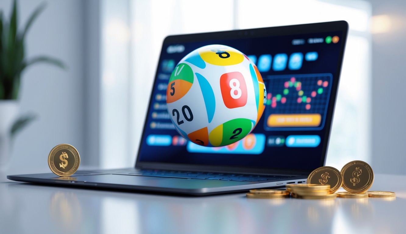 Sebuah ruang kerja modern dengan laptop yang menampilkan situs lotere online, dikelilingi bola lotere dan koin, menggambarkan layanan lotere online yang terpercaya.