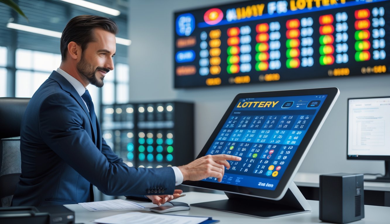 Seorang profesional sedang menggunakan perangkat layar sentuh di kantor modern dengan papan angka lotere digital di latar belakang.