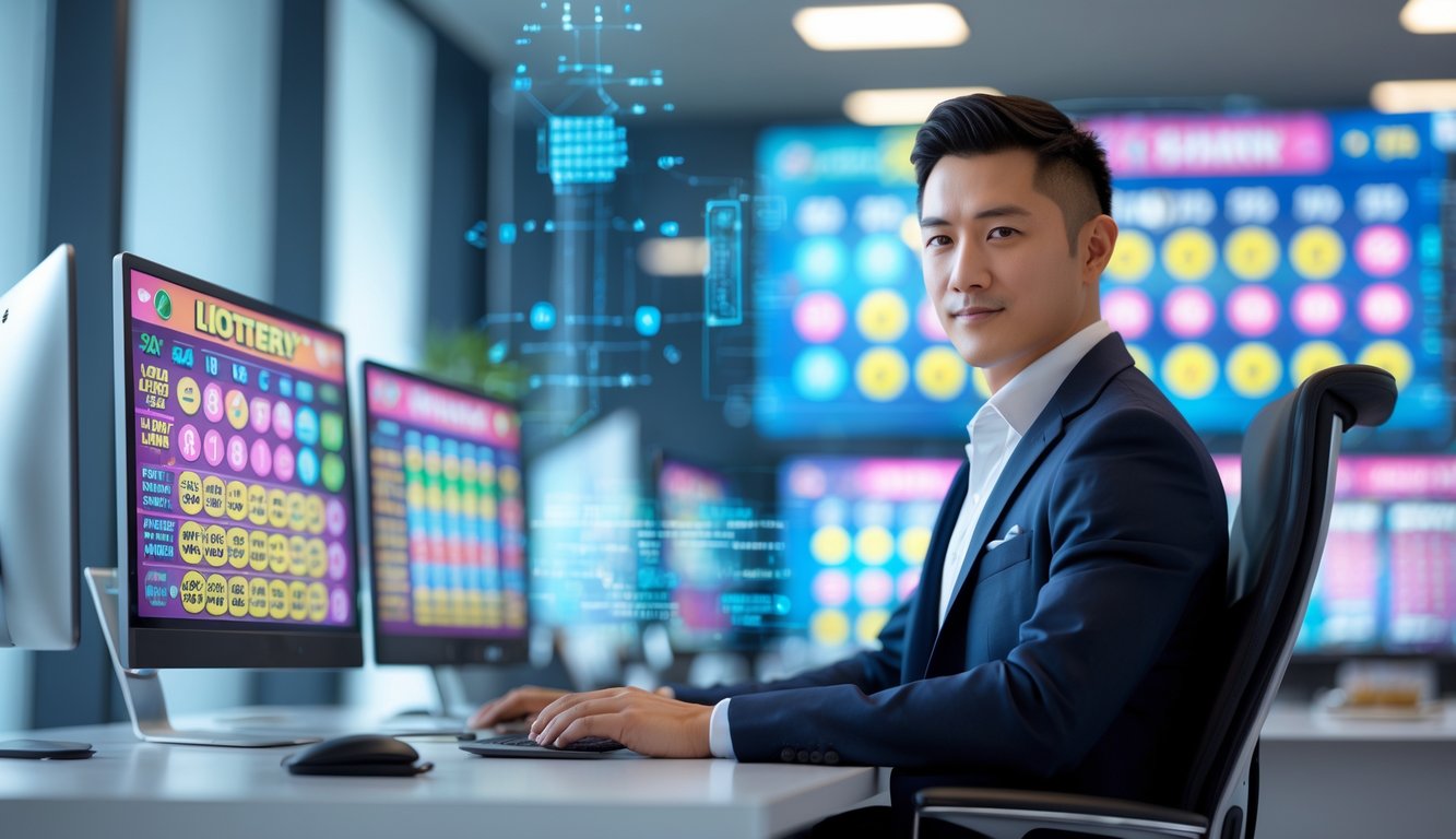 Seorang profesional duduk di meja kantor dengan beberapa layar komputer menampilkan angka lotere dan grafik warna-warni.