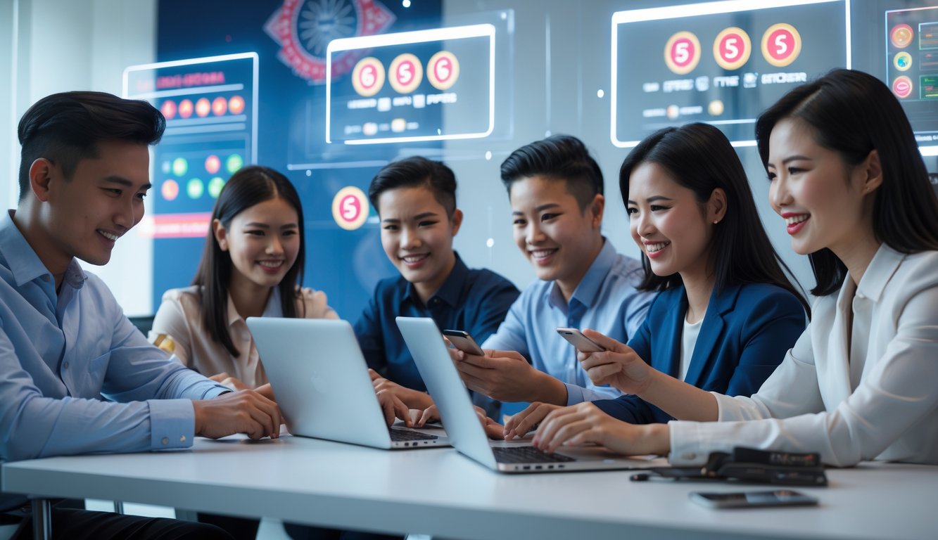 Sekelompok orang muda Indonesia sedang menggunakan perangkat digital di kantor modern untuk bermain togel online.