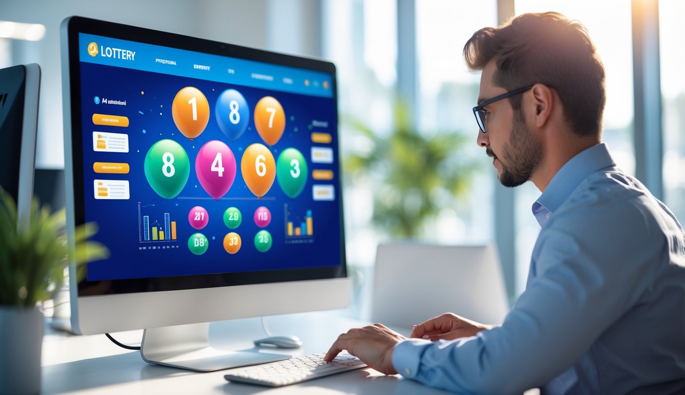 Seorang profesional menggunakan komputer di kantor modern dengan tampilan grafik angka lotere di layar.