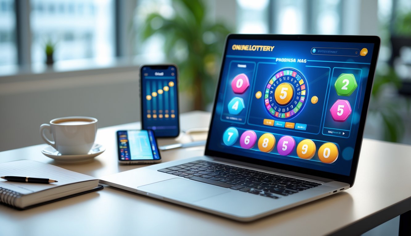 Meja kerja modern dengan laptop yang menampilkan permainan angka, secangkir kopi, ponsel, dan buku catatan di ruangan terang.