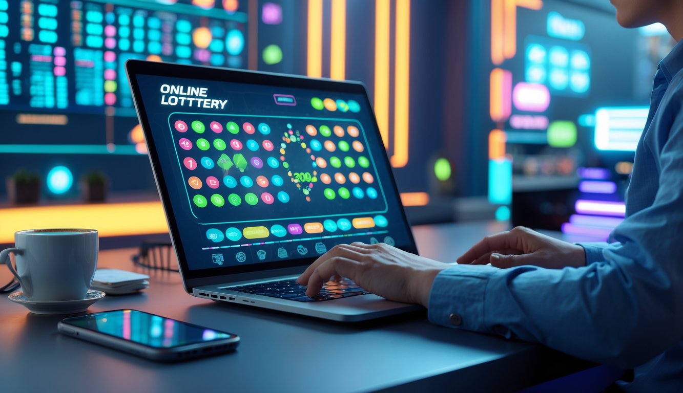 Seseorang sedang menggunakan laptop di meja kerja modern dengan tampilan antarmuka lotere digital di layar, dikelilingi oleh elemen teknologi futuristik.