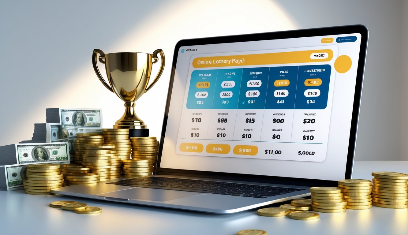 Seseorang menggunakan perangkat digital dengan tampilan angka kemenangan lotere dan tumpukan uang di sekitarnya.