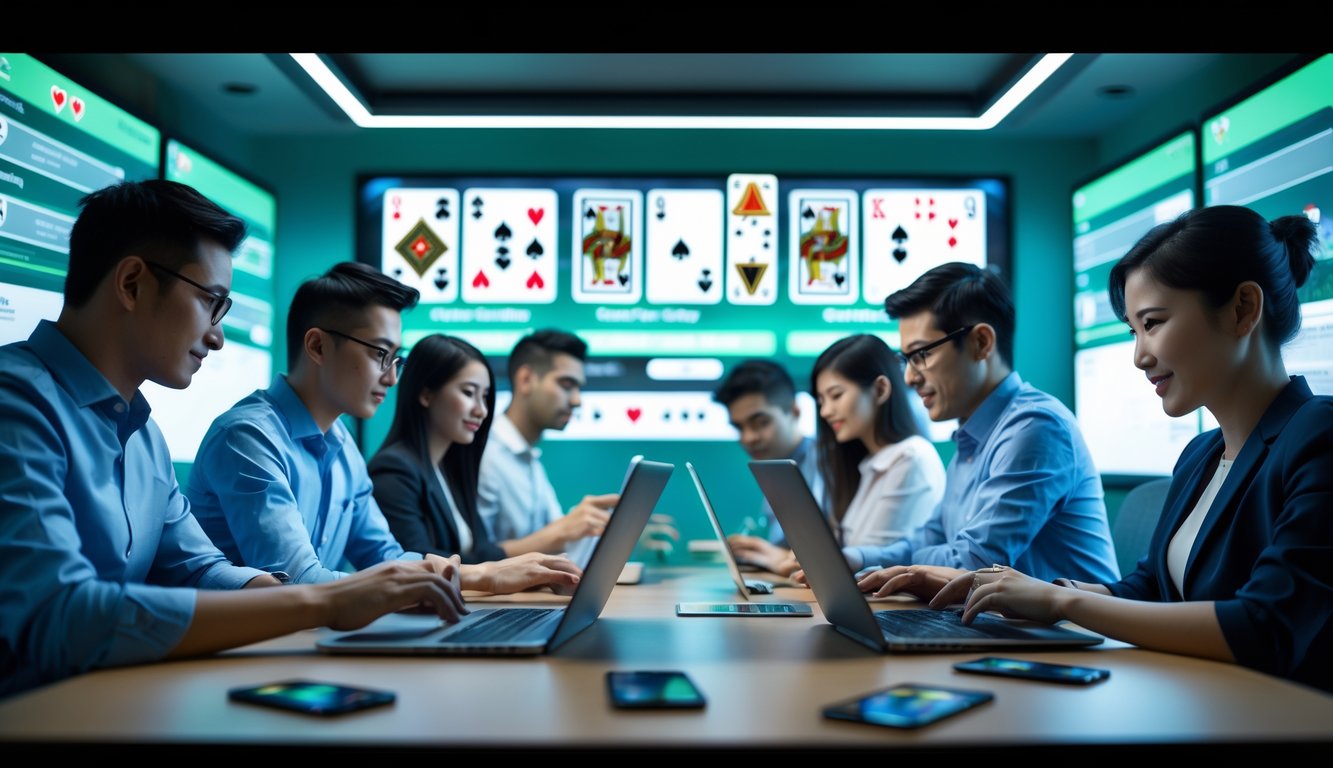 Beberapa orang menggunakan perangkat digital di ruangan modern yang nyaman dengan layar menampilkan permainan kartu online.