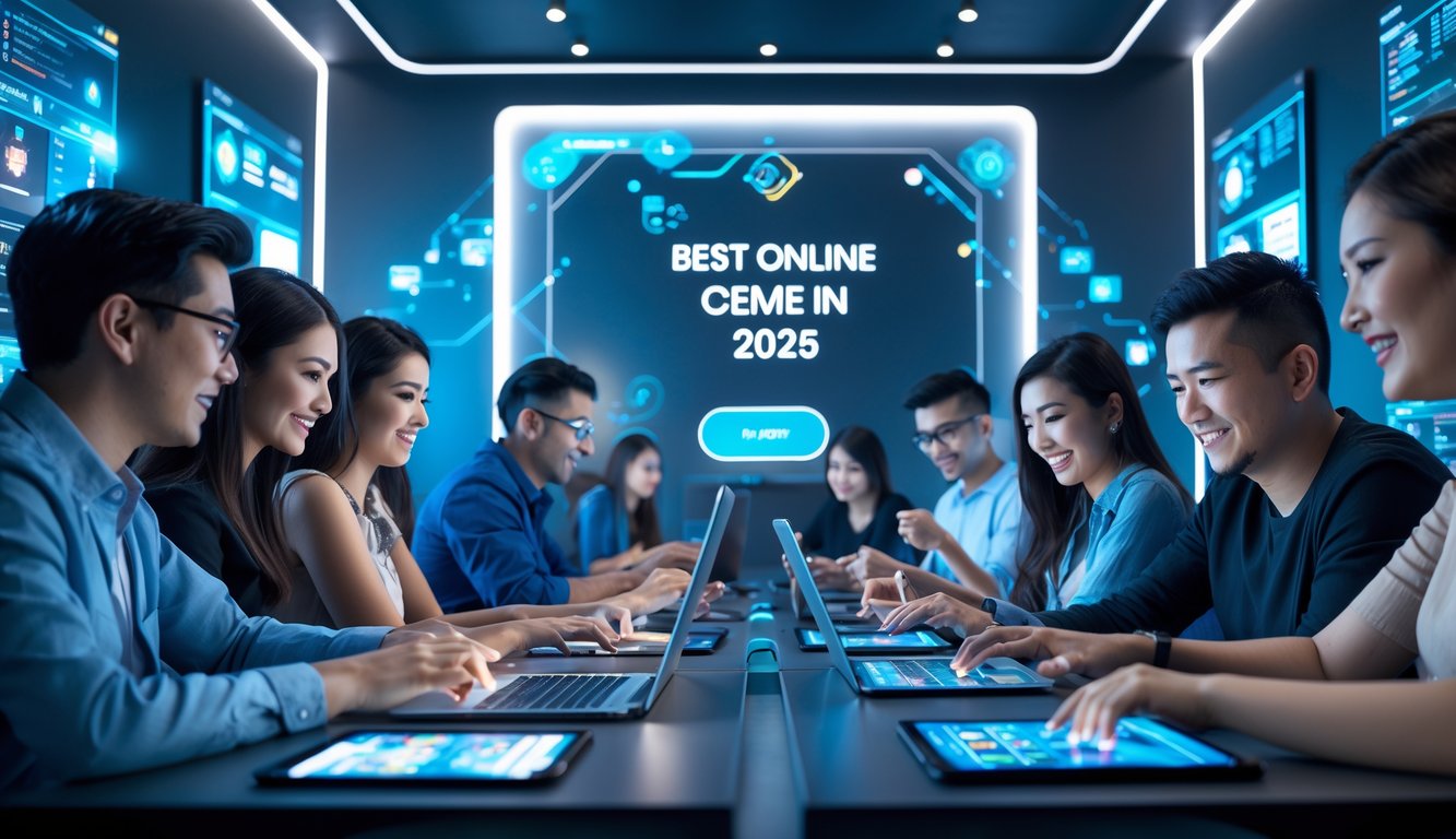 Beberapa orang bermain permainan kartu secara online di ruangan modern dengan perangkat digital.