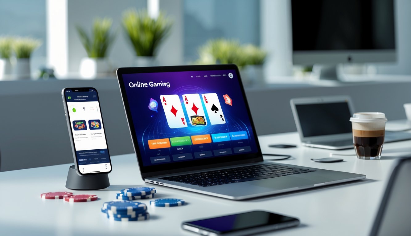 Sebuah ruang kerja modern dengan komputer dan ponsel yang menampilkan permainan kartu online, dikelilingi aksesori permainan di meja.