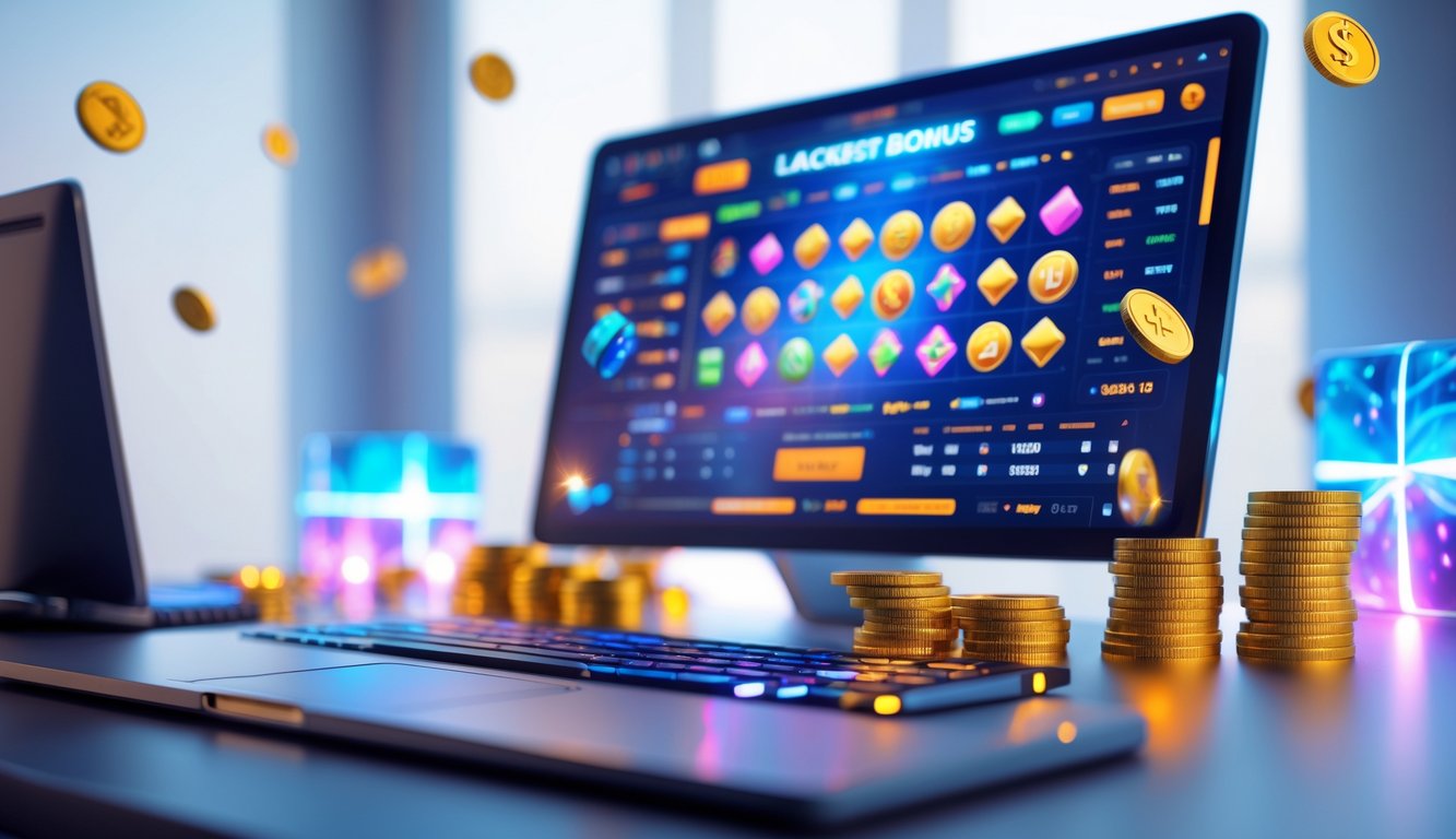 Seorang pengguna sedang bermain game online di komputer dengan latar belakang bersih dan elemen hadiah di sekitar layar.