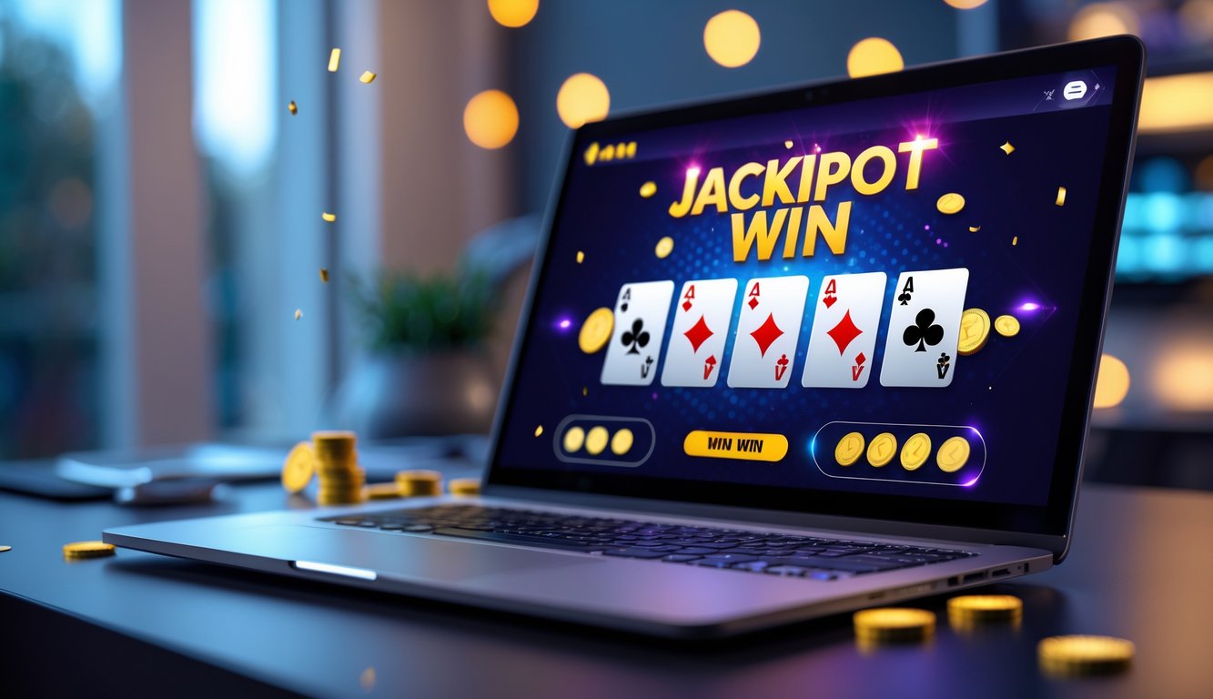 Seseorang bermain permainan kartu online dengan layar komputer yang menampilkan kemenangan jackpot besar.