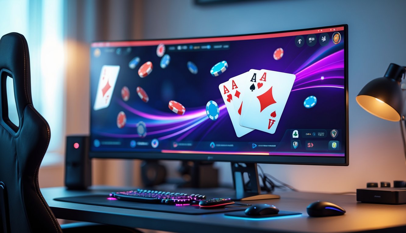 Sebuah meja komputer modern dengan layar menampilkan permainan kartu digital dan perlengkapan gaming di ruangan yang terang.