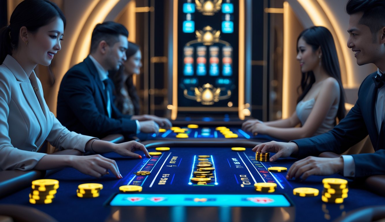 Suasana kasino modern dengan meja permainan digital dan pemain yang sedang bermain kartu Ceme.