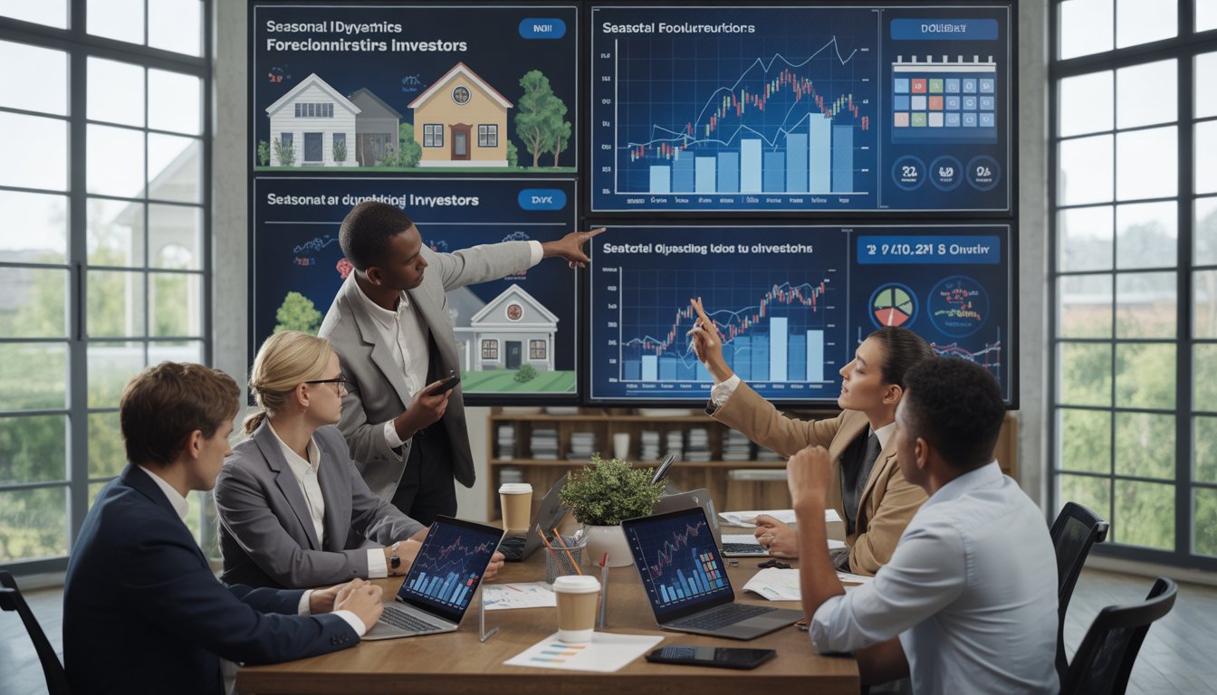 A group of real estate investors analyzing charts and data about seasonal foreclosure trends in a bright office.