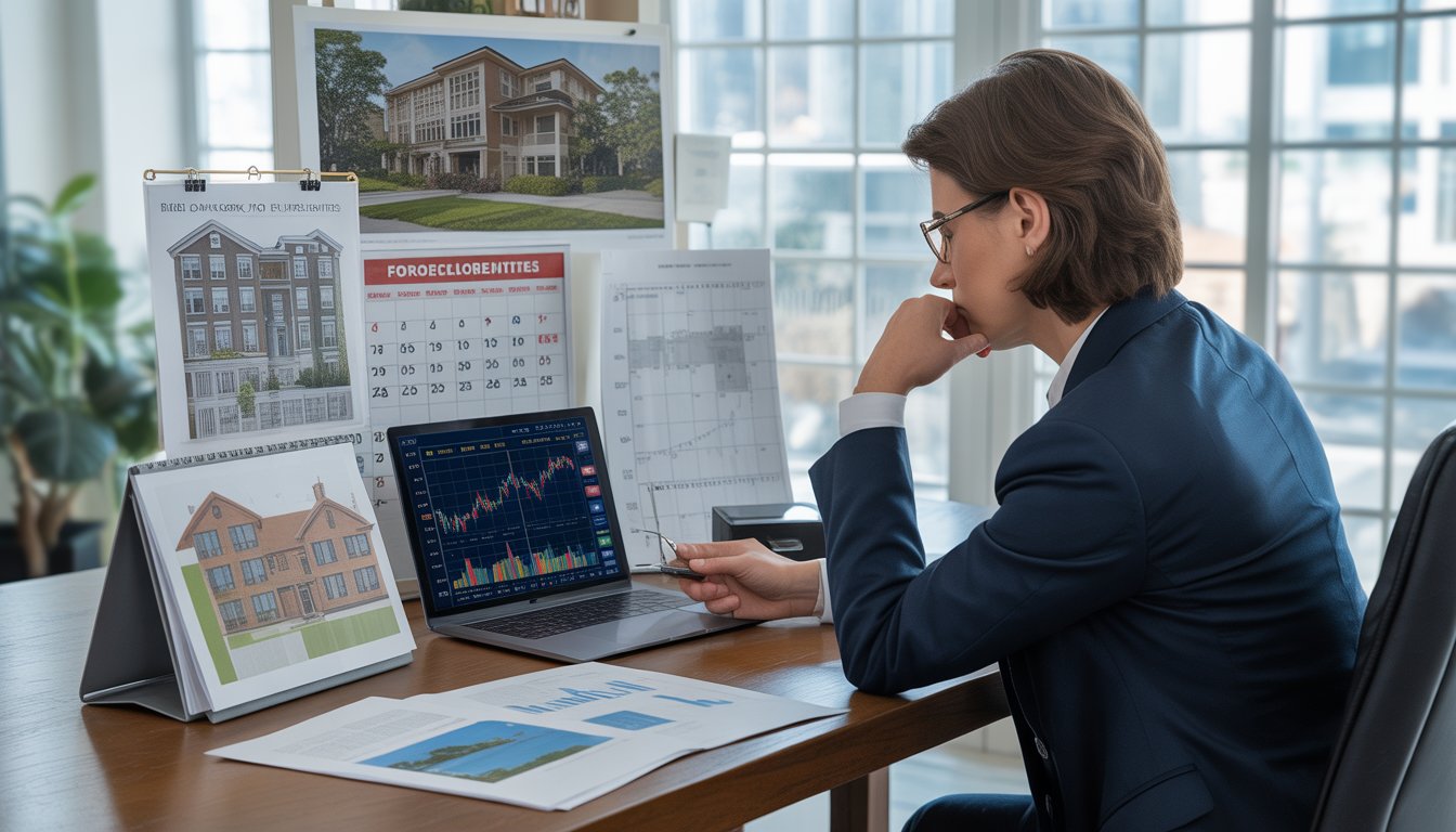 A person at an office desk reviewing real estate charts and documents with a city view through large windows.