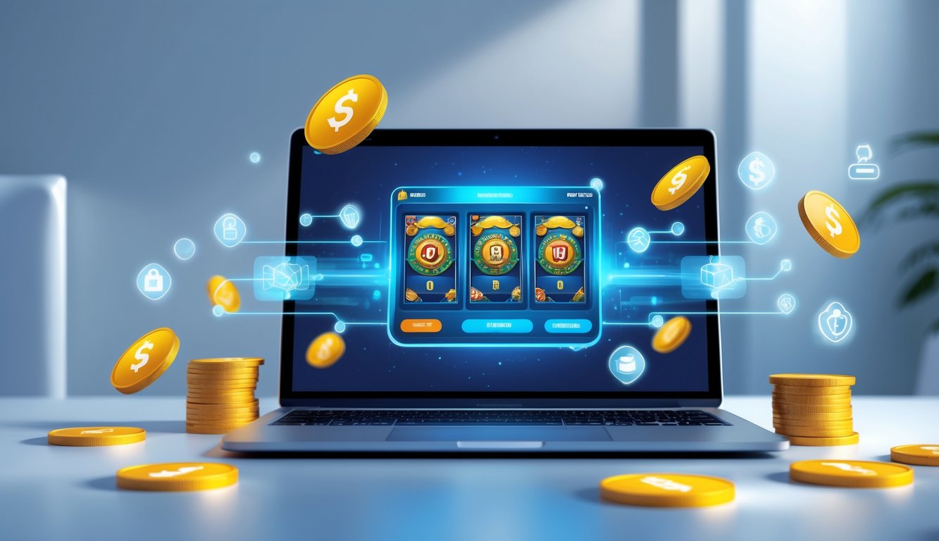 Seorang pengguna sedang bermain permainan kartu online di laptop di meja kerja yang rapi dengan simbol transaksi digital di sekitarnya.