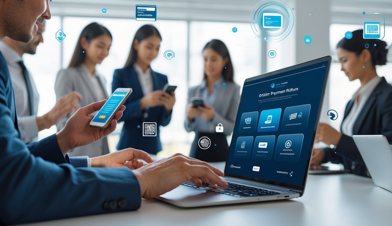 Orang-orang menggunakan perangkat digital di ruang kantor modern dengan layar laptop menampilkan platform pembayaran online.