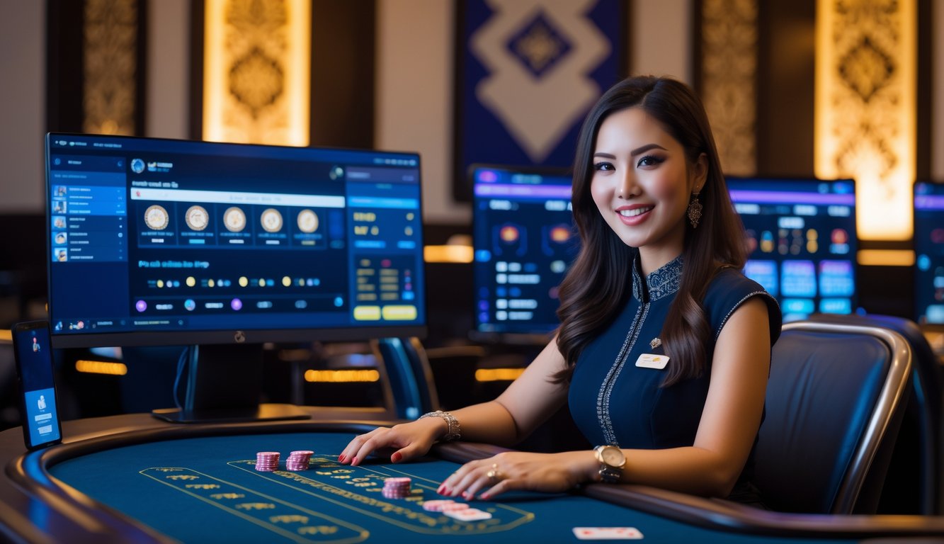 Seorang dealer wanita duduk di meja permainan kasino online dengan latar belakang motif batik dan layar komputer menampilkan permainan langsung.