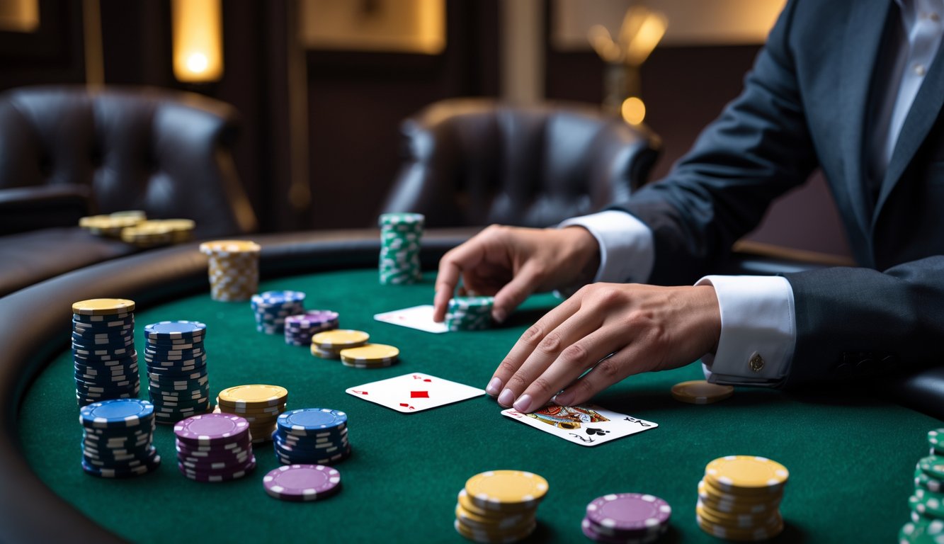 Meja poker dengan chip dan kartu yang sedang dibagikan oleh dealer di ruangan mewah.