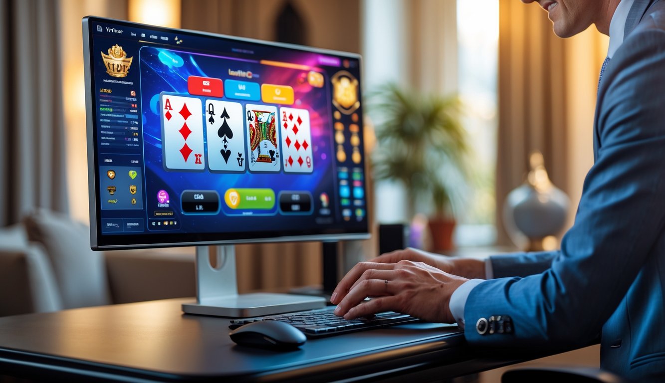 Seseorang bermain poker online di depan komputer dengan kartu dan chip terlihat di layar.