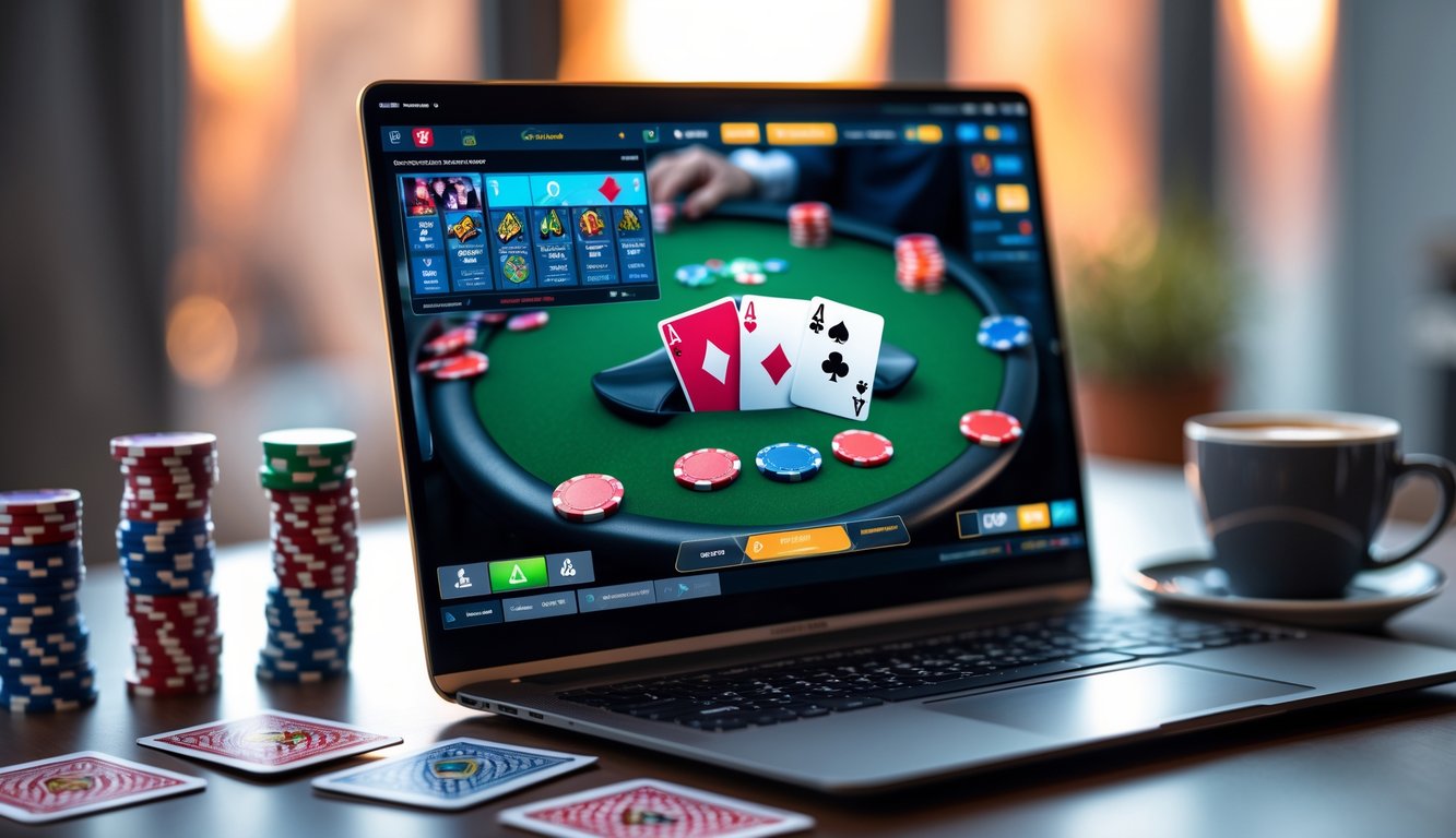 Sebuah meja dengan laptop yang menampilkan permainan poker online, dikelilingi oleh chip poker dan kartu remi.