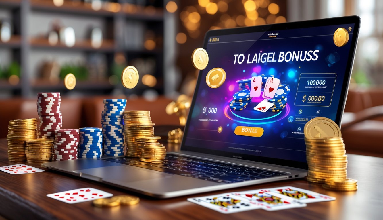 Seorang pemain poker online menggunakan komputer dengan tumpukan chip dan kartu di meja, menunjukkan suasana permainan poker dengan bonus besar.
