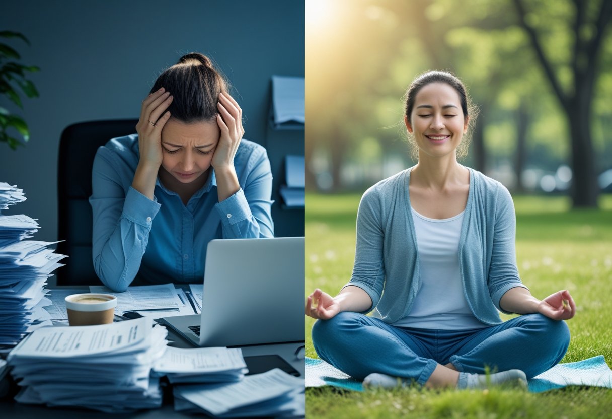 A split scene showing a stressed person overwhelmed at a cluttered desk on one side and the same person relaxed and smiling outdoors in nature on the other side.