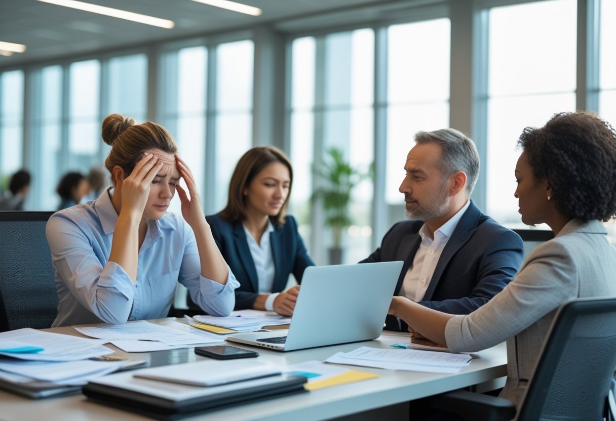 A group of adults in an office showing one person stressed and another offering support, with a calm view outside the window.