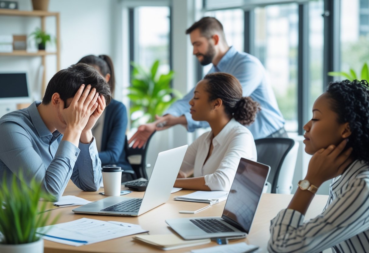 Office workers showing signs of stress and recovery in a bright workspace with supportive colleagues.
