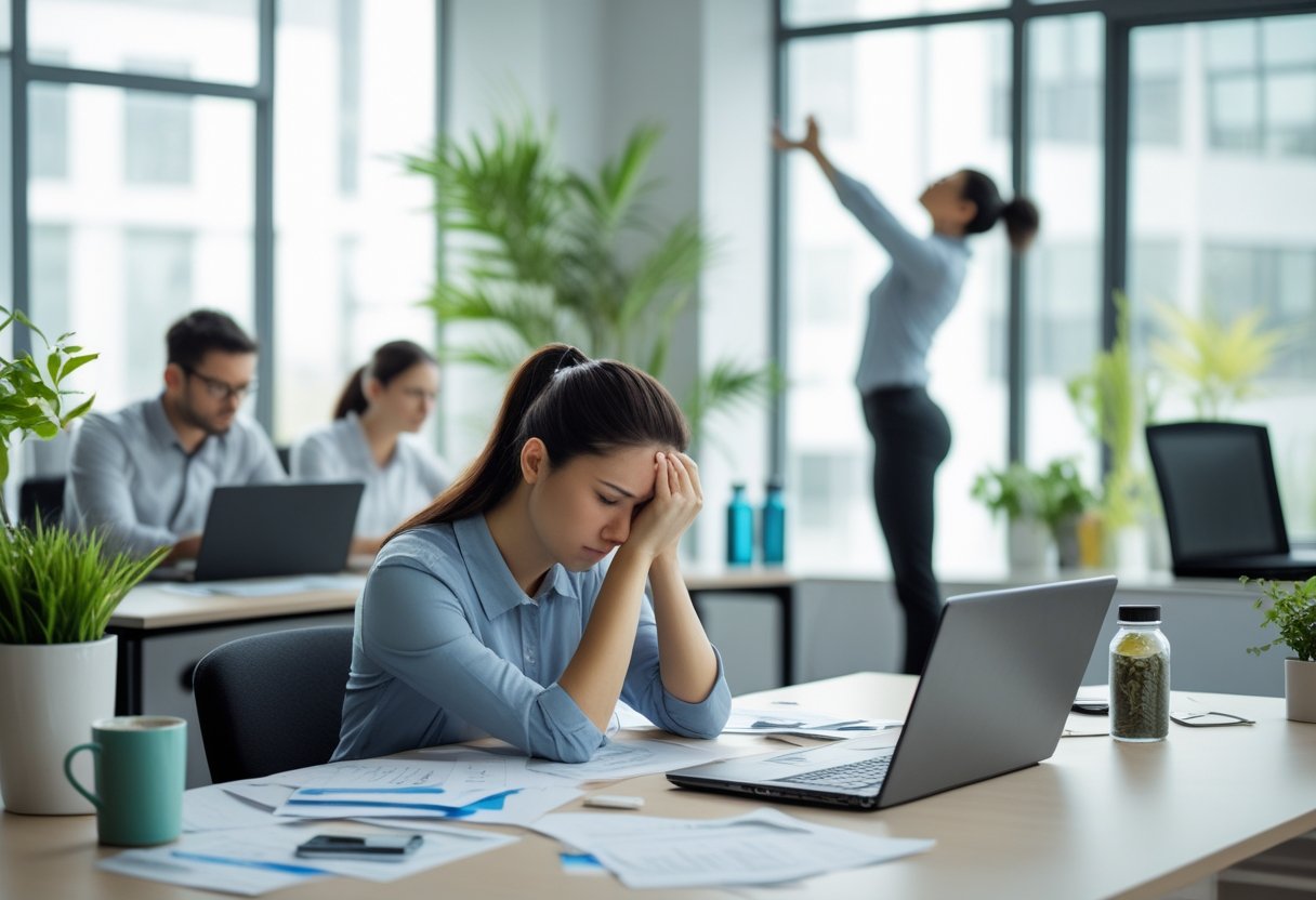Office workers in a bright workspace showing a stressed woman at her desk and a colleague stretching by the window, symbolizing burnout and recovery.