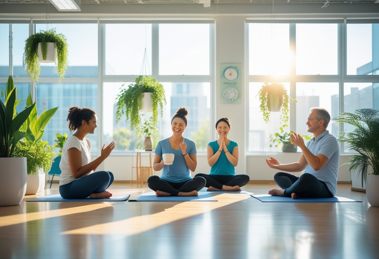A group of adults in a bright office space practicing mindfulness and gentle stretching, surrounded by plants and natural light, showing signs of recovery and relaxation.