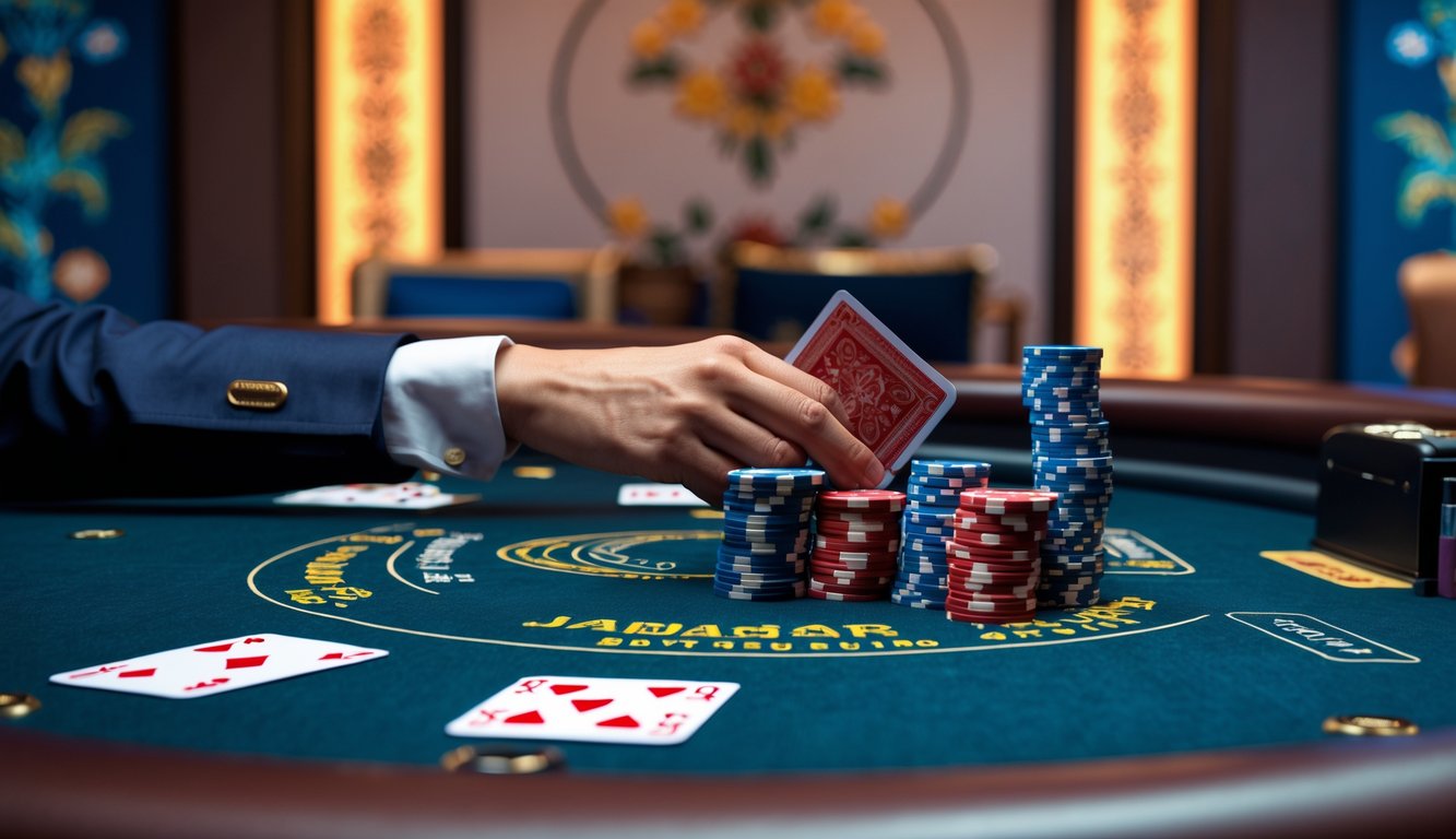 Suasana ruang poker modern dengan meja poker, chip, dan kartu bermain di dalam ruangan yang nyaman dan bergaya Indonesia.