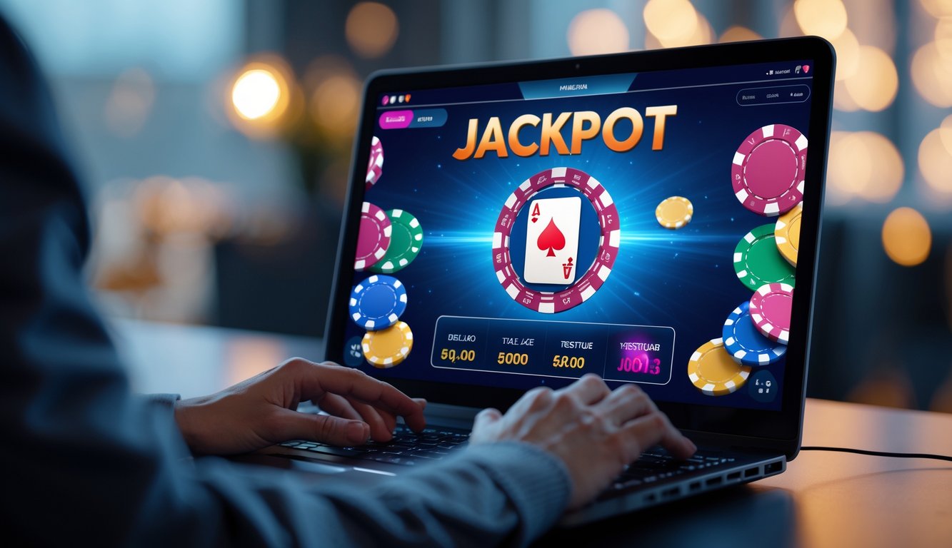 Seorang pemain sedang bermain poker online dengan laptop yang menampilkan permainan poker dan tumpukan chip di layar.