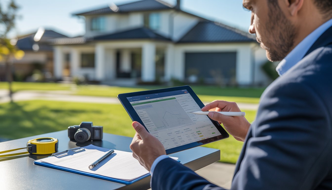 A person using a tablet with property inspection software outside a modern suburban house, surrounded by inspection tools.