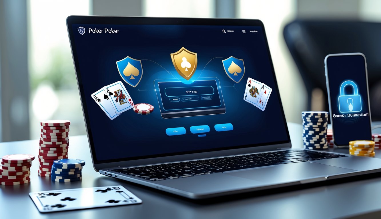 Seorang pemain poker online menggunakan laptop dengan kartu dan chip poker di meja, menunjukkan suasana permainan poker yang aman dan terpercaya.