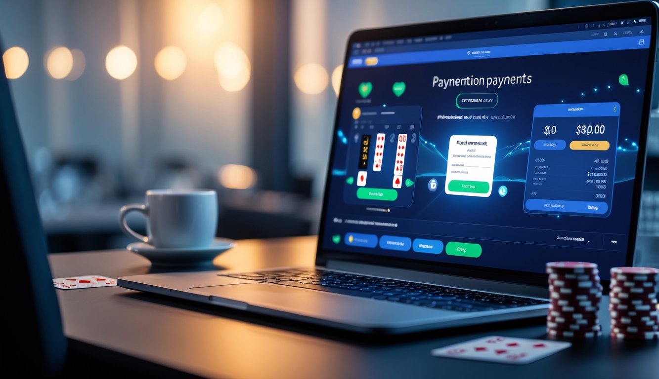 Seorang pemain poker online menggunakan laptop dan ponsel di meja dengan chip poker dan kartu, menunjukkan suasana permainan dan pembayaran cepat.