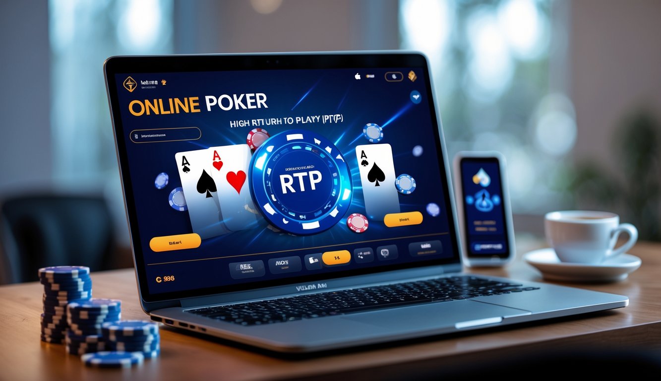 Seorang pemain poker online sedang bermain di depan komputer dengan tumpukan chip poker dan kartu bermain di meja.