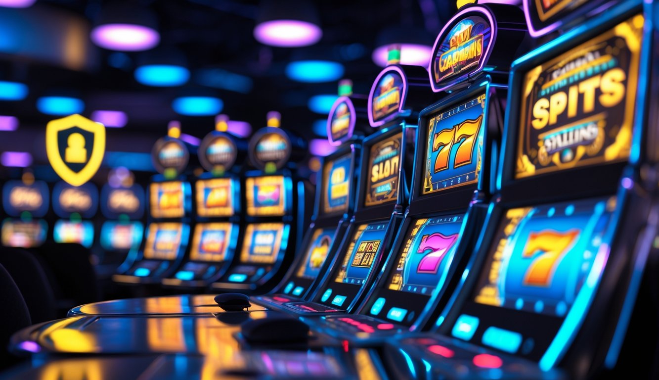 Tampilan antarmuka digital modern dengan grafik mesin slot yang cerah dan elemen keamanan yang halus.