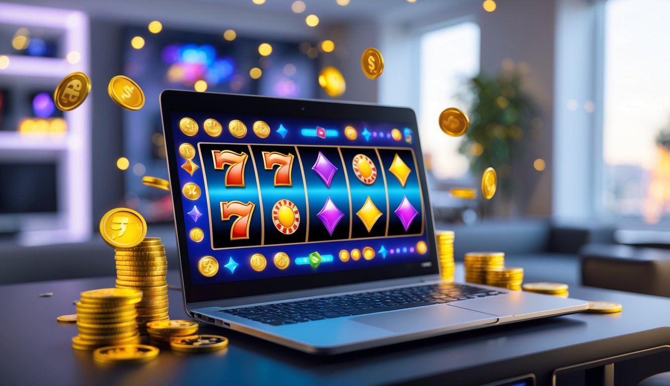 Sebuah komputer menampilkan permainan slot online dengan koin emas dan chip poker di sekitarnya dalam ruangan yang nyaman.